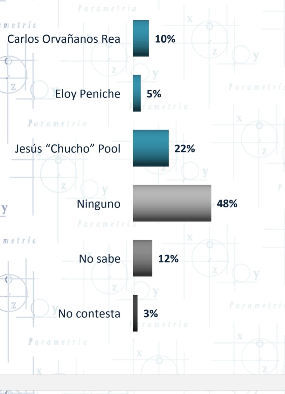 En cuanto a la preferencia general sobre un candidato, Pool triunfó con un 22 %, Orvañanos con un 10% y en tercer lugar Peniche con un 5%.