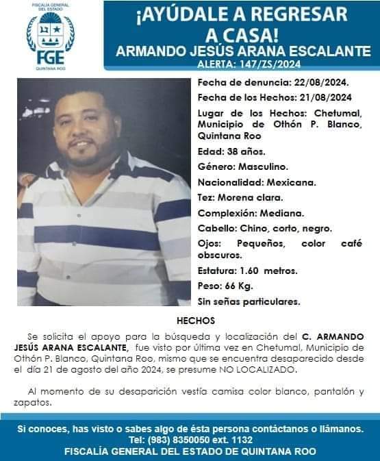 Piden apoyo para localizar a taxista desaparecido en Chetumal