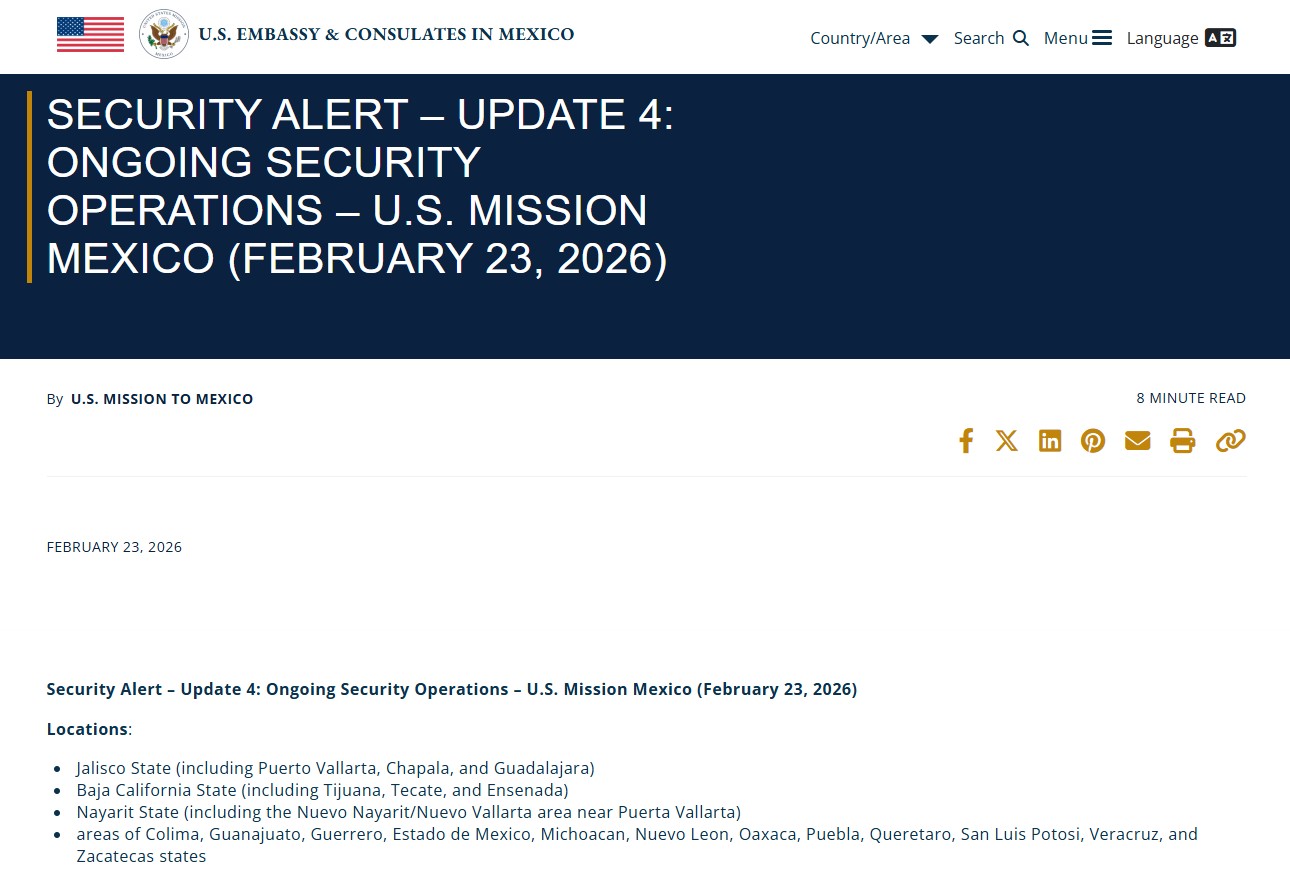 EUA retira alerta de seguridad para Quintana Roo; mantiene advertencia en Jalisco