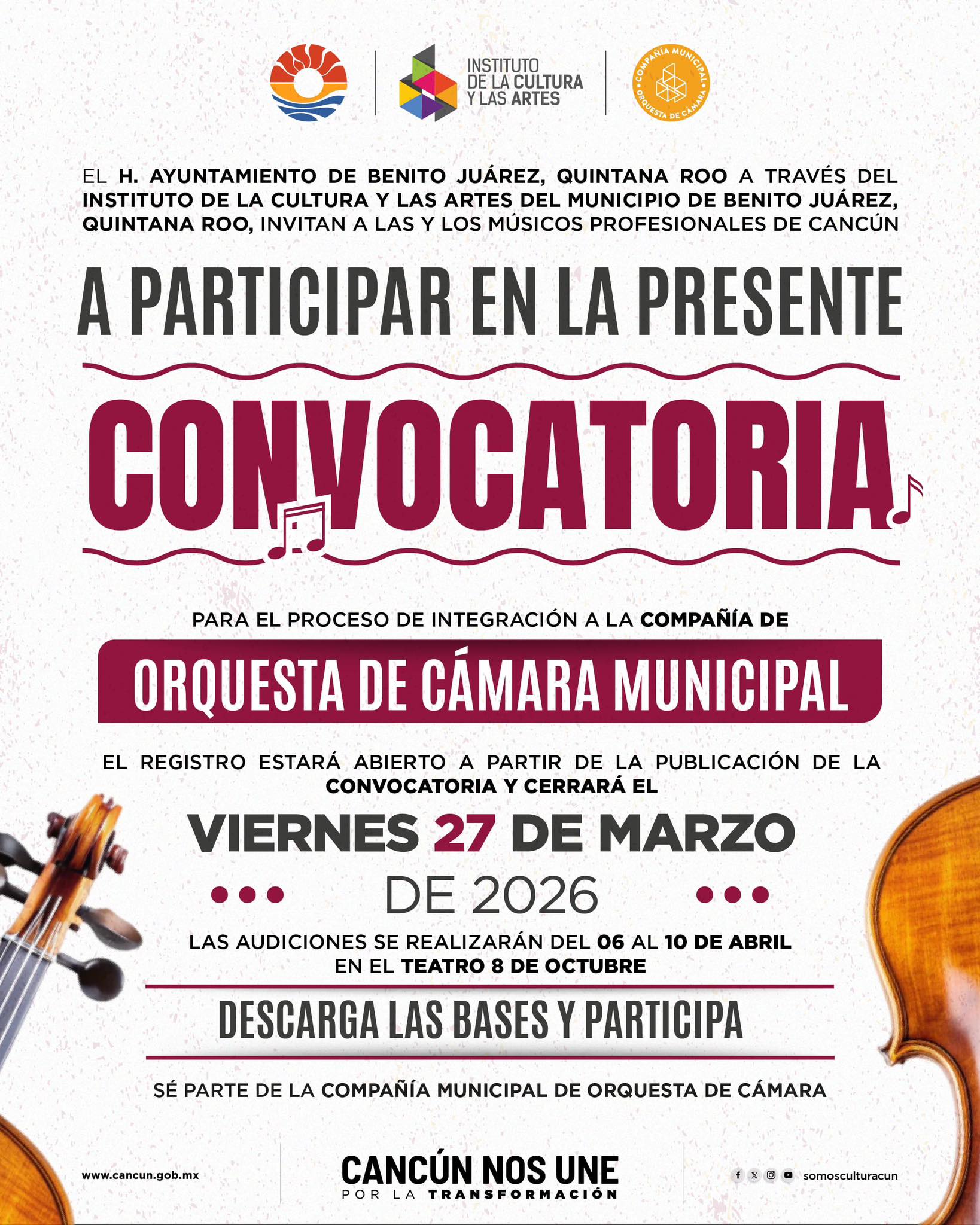 Convocan a músicos de Cancún para integrar la Orquesta de Cámara Municipal
