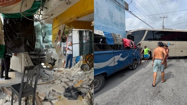 Autobús de personal se impacta contra vivienda en SM 73 Cancún