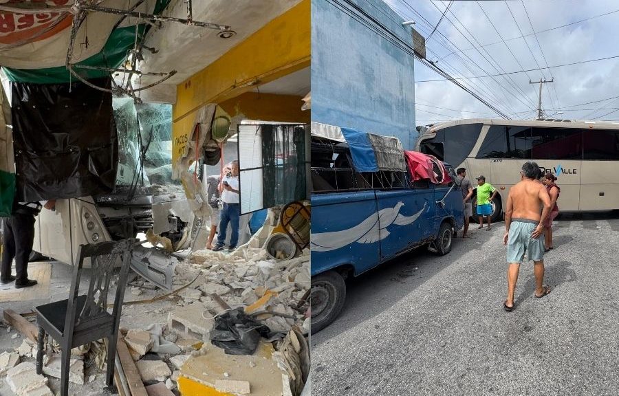 Autobús de personal se impacta contra vivienda en SM 73 Cancún
