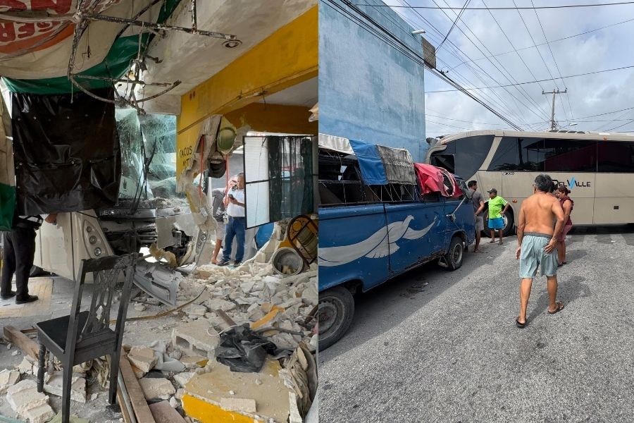 Autobús de personal se impacta contra vivienda en SM 73 Cancún