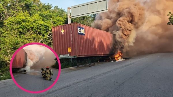 Controlan incendio de contenedor con químicos en acceso a Cobá