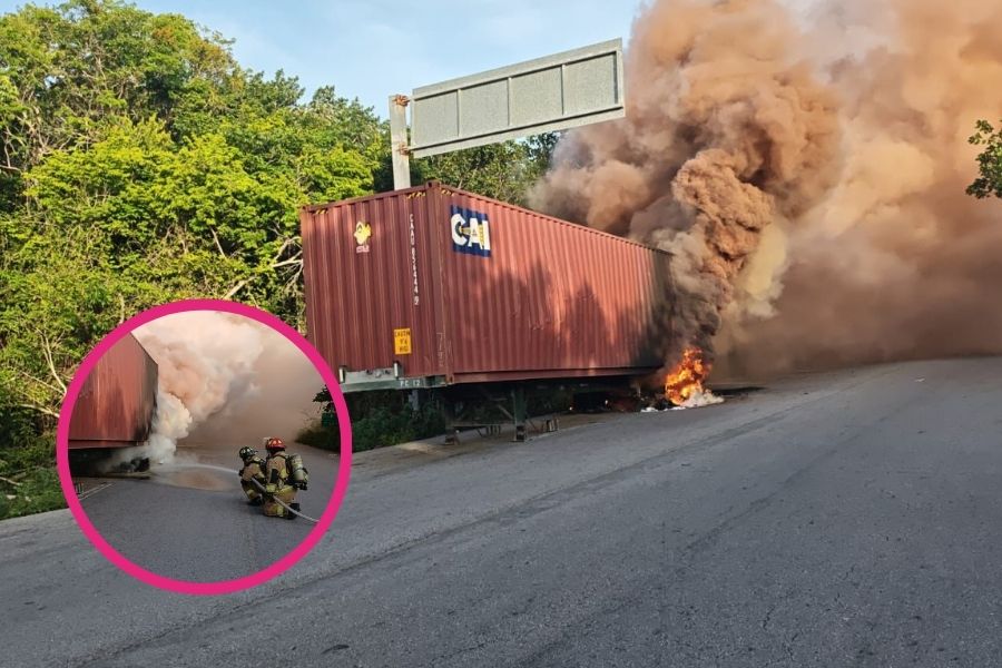Controlan incendio de contenedor con químicos en acceso a Cobá