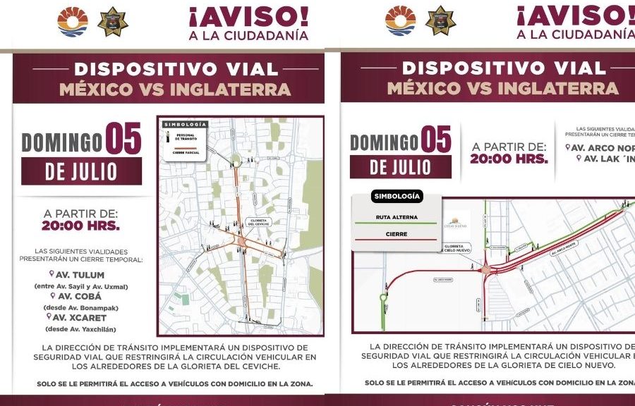 Cierres viales en Cancún por México vs Inglaterra; consulta las zonas