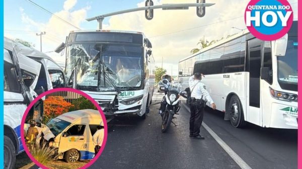 Choque autobús y Urvan en cruce de avenidas Tulum y Nichupté