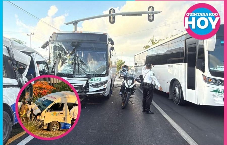 Choque autobús y Urvan en cruce de avenidas Tulum y Nichupté