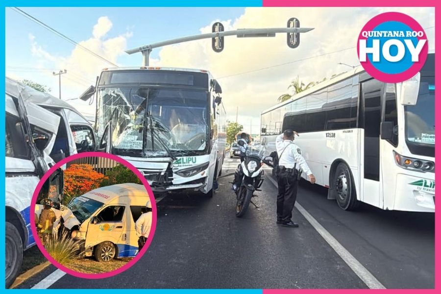 Choque autobús y Urvan en cruce de avenidas Tulum y Nichupté